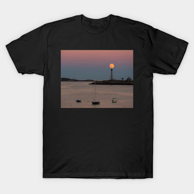 Supermoon balancing on the Marblehead Light Tower in Marblehead MA T-Shirt by WayneOxfordPh